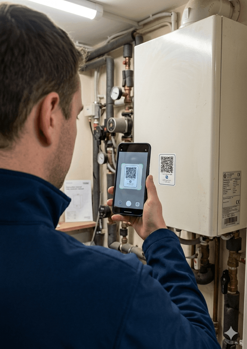 Engineer scanning a JustTaggit QR sticker on a boiler