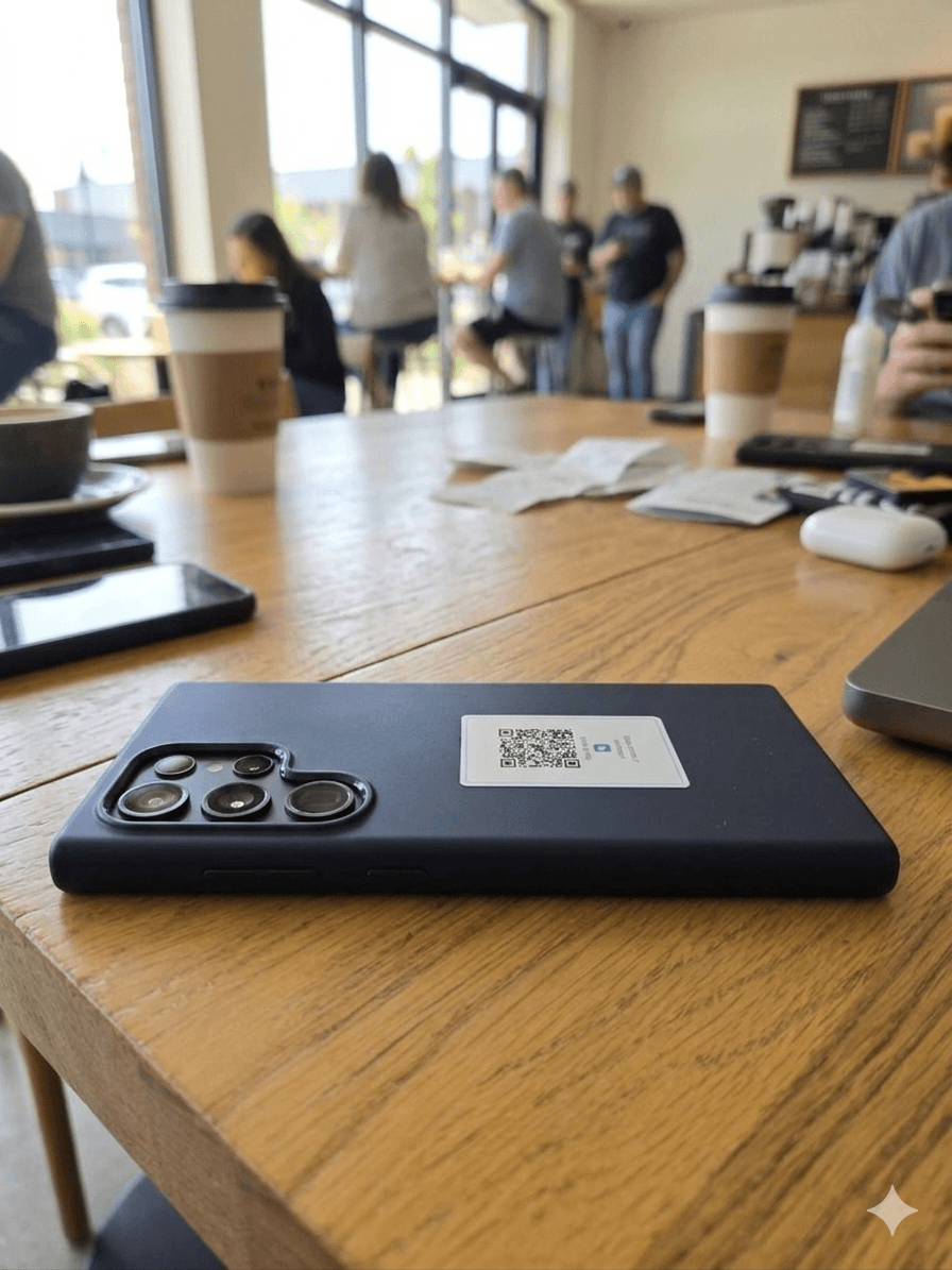 Phone with JustTaggit QR sticker resting on a café table
